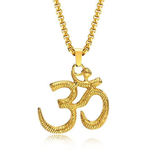 Stainless Steel Om Necklace for Men Women, gold plated/Silver/Black Yoga Charm Pendant Necklaces Aum Om Ohm Sanskrit Symbol Hindu Meditation Chain Necklace,Mens Womens Jewelry Gifts - color: Gold