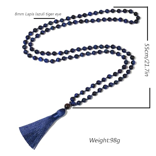 8mm Natural Stone 108 Mala Beads Necklace for Men and Women - color: Lapis Lazuli Blue Tiger Eye