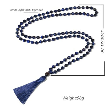 8mm Natural Stone 108 Mala Beads Necklace for Men and Women - color: Lapis Lazuli Blue Tiger Eye