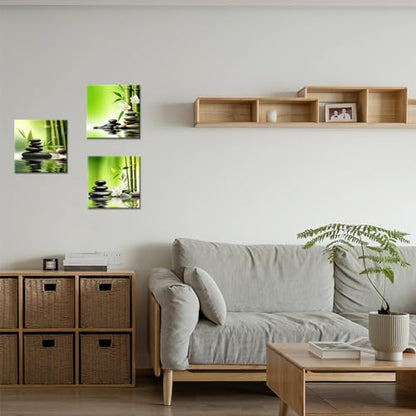 GLOKAKA 3 Panel Zen Wall Art Still Life SPA Stone Green Bamboo White Flower Pictures Meditation Yoga Wall Decor Natural Green Plant Canvas Artwork for Bedroom Bathroom Decor