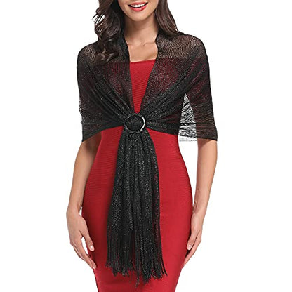 vimate Sparkling Metallic Shawls and Wraps for Evening Party/Wedding/Formal Dresses (With Free Buckle) - color: C#. Black (With Black Buckle)