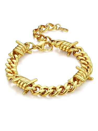Bandmax Barbed Wire Chain Bracelets for Men Women Stainless Steel/Black/Gold Thorn Cuban Link Bracelet Adjustable Punk Emo Style Jewelry Gift - color: 03 9MM-Gold Plated