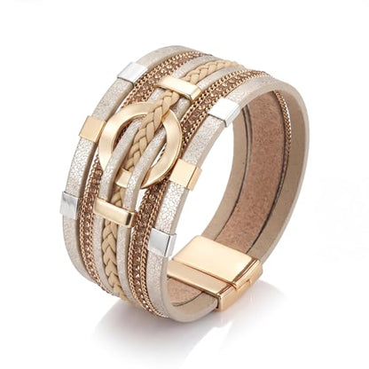 Edoneery Leather Wrap Bracelet for Women, Boho Handmade Multi-Layer Cuff with Crystal Beads Heart, Stackable Bangle Western Jewelry Gift - style: Circle Rhinestone(Gold)