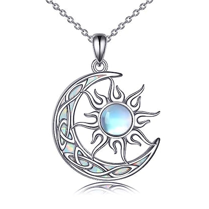 Sun and Moon Necklace for Women 925 Sterling Silver Celtic Crescent Moon Pendant Blue Opal/White Opal/Abelone Shell/Labradorite/Moonstone Jewelry Gift for Teen Girls - color: opal and moonstone
