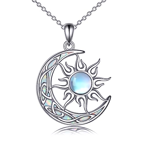 Sun and Moon Necklace for Women 925 Sterling Silver Celtic Crescent Moon Pendant Blue Opal/White Opal/Abelone Shell/Labradorite/Moonstone Jewelry Gift for Teen Girls - color: opal and moonstone