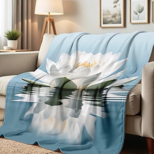 Lotus Flower on Water Print Blanket White Floral Throw Blanket Zen Flannel Throw for Couch Bed Office Yoga Room Meditation Spa Decor Gifts (49"x59") - color: Blue, size: 49"x59"