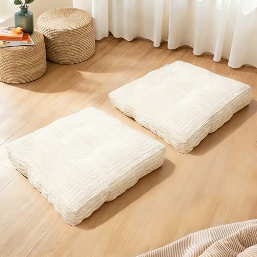 Floor Cushions, Corduroy Floor Pillow, Floors Pillows for Adults & Pets, Large Floors Pouf, Square Floored Pillows for Sitting & Yoga(2PC, Beige White，22"×22"×3.9") - color: Beige White, size: 2PC/22"×22"×3.9"