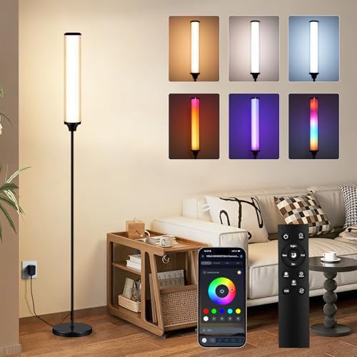FRIDEKO HOME Floor Lamp, Smart RGBCW LED Color Changing Ambient Lighting for Living Room & Gaming Decor, Standing Lamp with App & Remote Control, Tall Corner Lamp for Bedroom, 12W 1500LM, Black - color: Black