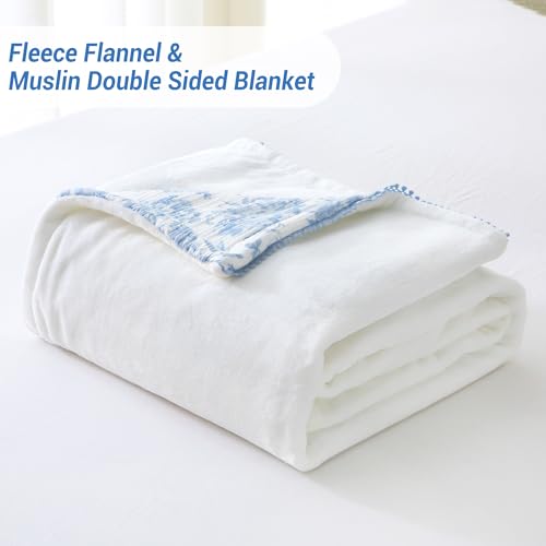 Viviland Cotton Muslin Blanket, Queen Size 90 x 90 Inches, Blue Nerrah | Reversible Fleece, Lightweight, Breathable Gauze - color: Blue Nerrah, size: Queen Size (90 X 90 Inches)