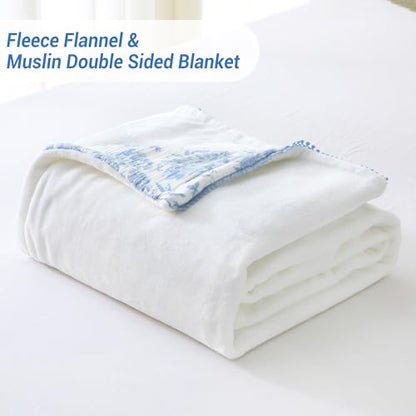 Viviland Cotton Muslin Blanket, Queen Size 90 x 90 Inches, Blue Nerrah | Reversible Fleece, Lightweight, Breathable Gauze - color: Blue Nerrah, size: Queen Size (90 X 90 Inches)