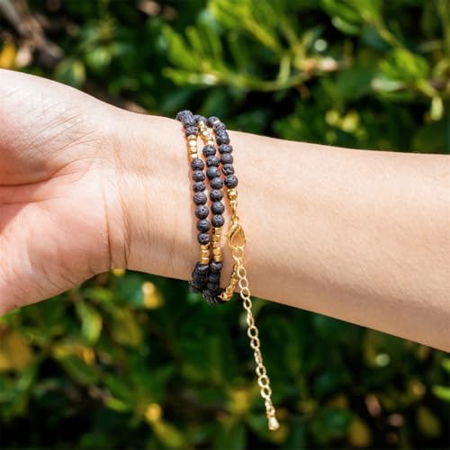 4mm Mini Beads Natural Stone Adjustable Bracelet For Women, Energy Charm Jewelry, Birthday Gift - color: Lava Stone