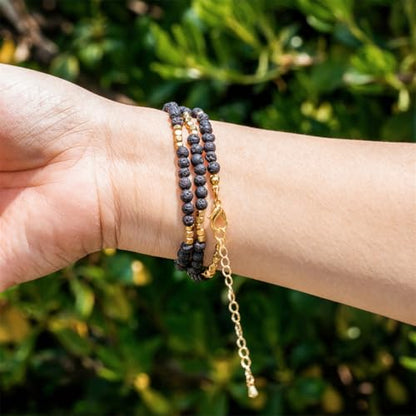 4mm Mini Beads Natural Stone Adjustable Bracelet For Women, Energy Charm Jewelry, Birthday Gift - color: Lava Stone