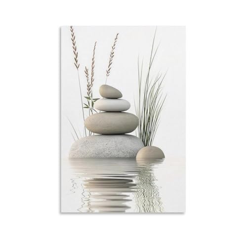 Zen Stone Canvas Wall Art Stacked Stones in Water Poster Tranquil Wild Grass Painting Picture for Spa Yoga Meditation Room Bathroom Wall Decor Unframe-style 16x24inch(40x60cm)