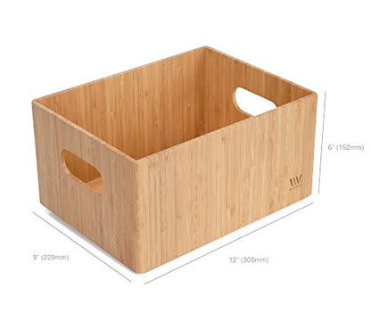 MobileVision Bamboo Storage Box, 12”x 9”x 6”, Durable Bin w/ Handles, Stackable - For Toys Bedding Clothes Baby Essentials Arts & Crafts Closet & Office Shelf With (White Clip Included)