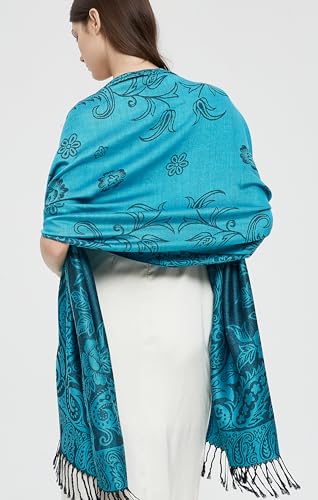 Pashmina Shawl Wrap with Ethnic Paisley Two Tone Jacquard Scarf for Women - color: Paisley-blue