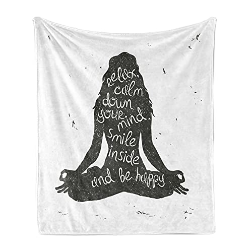 Lunarable Yoga Soft Flannel Fleece Throw Blanket, Relax Calm Down Smile Be Happy Typography Poster Woman Silhouette Sitting Yoga, Cozy Plush for Indoor and Outdoor Use, 50" x 60", Green White - color: Green White, size: 50" x 60"