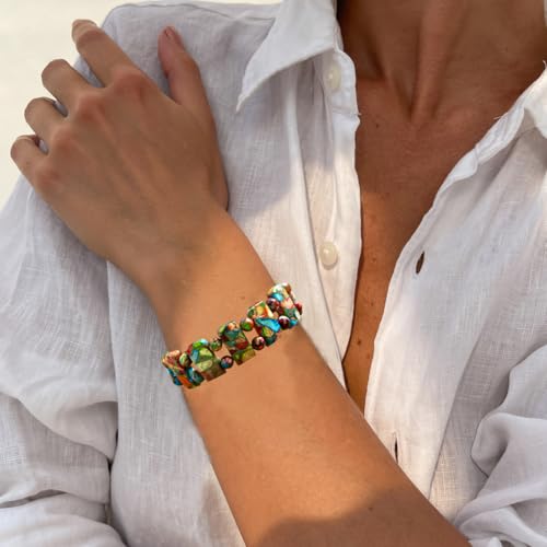 Yomisa Boho Beaded Bracelets for Women,Natural Chakra Turquoise Stone Jasper Bead Bracelet for Womens,Bohemian Handmade Stretch Beads Friendship Bracelets,Healing Trendy Western Jewelry Gifts - color: Colorful Imperial Stone Bead