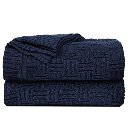 uxcell 100% Cotton Cable Knit Throw Blanket,Soft Lightweight Lap Blanket,Textured Solid Sofa Throw Couch Cover Decors Knitted Blankets, Navy Blue 50"x 60" - color: Navy Blue