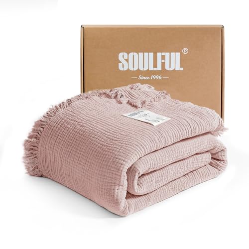 SOULFUL Muslin Throw Blanket with Tassels - Soft Twin Cotton Throw Blanket for Couch or Bed, Lightweight and Breathable Gauze for All Seasons, LightChampagne, 60" x 80"