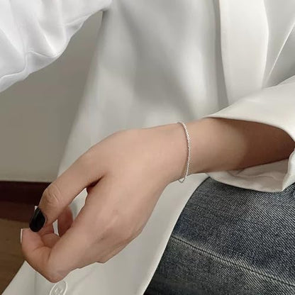 Dainty Adjustable Bracelet for Women - 14K White Gold Plated Stackable Link Chain, Minimalist Simple Jewelry
