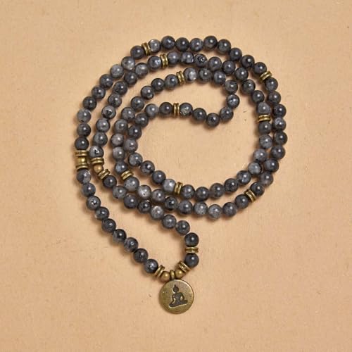 108 Mala Beads Bracelet Necklace with Yoga Symbol Buddha Charm – Gold-Plated Meditation Jewelry, Healing Stone, Ideal Spiritual Gift for Yoga & Meditation - style: Labradorite