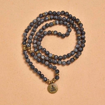 108 Mala Beads Bracelet Necklace with Yoga Symbol Buddha Charm – Gold-Plated Meditation Jewelry, Healing Stone, Ideal Spiritual Gift for Yoga & Meditation - style: Labradorite