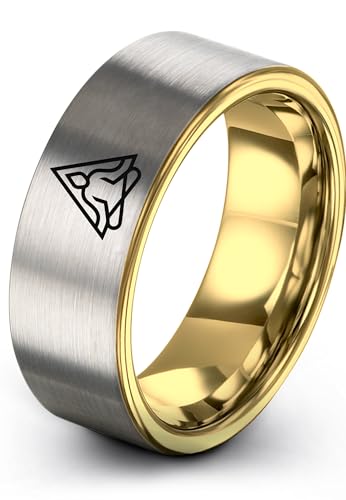 Gift for Yoga Fan - Yoga Meditation Ring - Flat Dome Bevel - Band - Men Women - Brushed Polished - Tungsten - Personalized Custom Engraving - 8mm - Anniversary Wedding - Yellow Rose Gold Silver - color: 14 - Yellow Gold Grey Tungsten