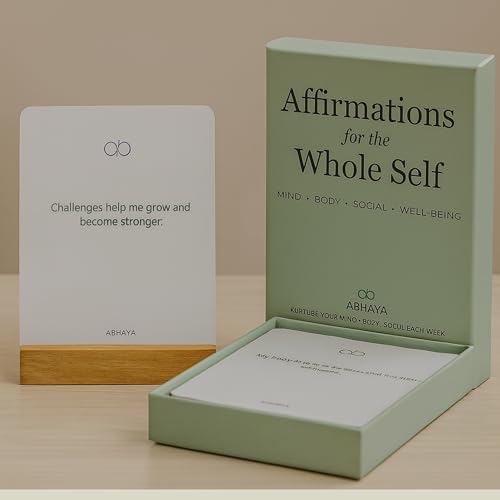 Abhaya Affirmations for the Whole Self, 26 Doubled-Sided Affirmation Cards, 12 Double Sided Bonus Financial Well-being Cards with Display Stand, Daily Affirmations for Inspiration, Mindfulness & Self Care, Unique Gifts for Women and Men