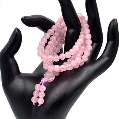AD Beads 6mm Natural Healing Gemstones Buddhist 108 Prayer Mala Stretchy Bracelet Necklace - color: Rose Quartz