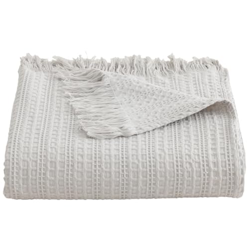 100% Cotton Waffle Blanket with Fringe, Pre-Washed Waffle Weave Blanket for All Season, Lightweight Breathable Soft Cozy Throw Blanket for Couch, Bed, Travel (Light Grey - 66x90 Inches) - color: Light Grey, size: Twin-66"x 90"