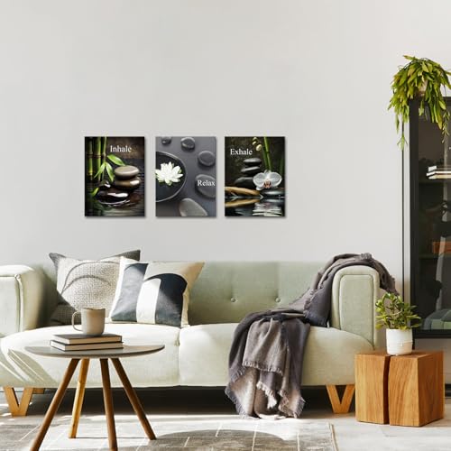 FuShvre Zen Wall Art for Bathroom Zen Stone Bamboo Lotus Orchid Flower Pictures Still Life Prints for Zen Meditation Room Wall Decor Framed 12x16 inch each piece (small) - size: 16"L x 12"W