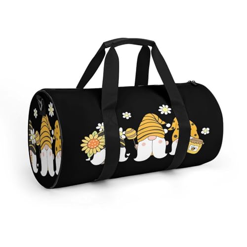 Sunflower Bee Cute Cartoon Gnome Black Cylindrical Portable Fitness Bag, Large Capacity Handbag - color: Sunflower Bee Cute Cartoon Gnome Black
