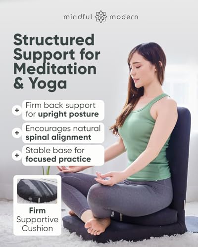Folding Pro Meditation Chair - Adjustable Meditation Seat with Back Support and Half Moon Buckwheat Meditation Cushion - Comfortable Mindfulness Living Room Floor Chair - color: Charcoal Black