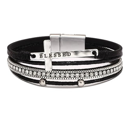 Fesciory Leopard Bracelet for Women, Boho Leather Wrap Multi-Layer Pearl Crystal Bracelet Bangle Jewelry - style: Blessed Cross(Black)