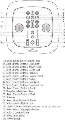 WELLUR - Stereo Sound White Noise and Natural Sound Sleep Machine with Relaxing Spa Music. Dual Build in Speakers & 3.5mm Headphone Jack, with Timer Option and USB 2.1A Port. Adapter Included (Black)
