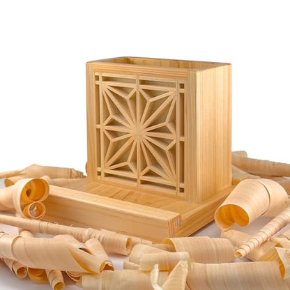 Handmade Hinoki Wood Desk Decor, Japanese Zen Wooden Pen Holder, Handcrafted Office Art, Kumiko Art (red) - color: red