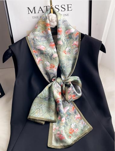 ANDANTINO 100% Silk Scarf for Women 59”*6.3” Long Shawls for Headscarf and Neck- Oblong Hair Wraps with Gift Packed - color: Oil Painting-green