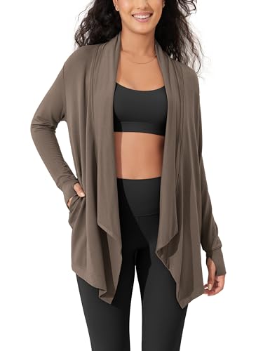 ODODOS Women's Drape Open Front Cardigans Cozy Soft Long Sleeve Casual Wrap Outerwear with Pockets Thumb Hole - color: Desert Palm, size: X-Large
