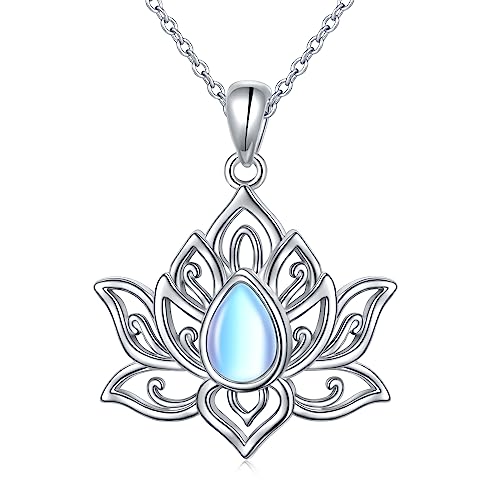 Lotus Neckalces for Women 925 Sterling Silver Moonstone/Turquoise Lotus Pendant for Girls Anxiety Stress Relieving Birthday Yoga Gifts - style: Moonstone Lotus