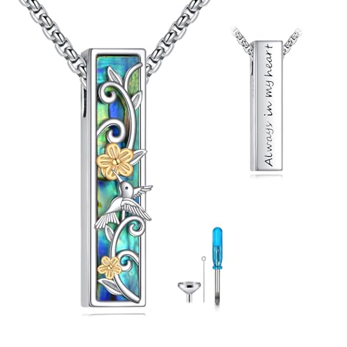 Cremation Urn Necklaces for Ashes Sterling Silver 3D Vertical Bar Memorial Pendant for Loved Ones Keepsake Cremation Jewelry Gifts for Women Men - style: Hummingbird
