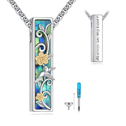 Cremation Urn Necklaces for Ashes Sterling Silver 3D Vertical Bar Memorial Pendant for Loved Ones Keepsake Cremation Jewelry Gifts for Women Men - style: Hummingbird