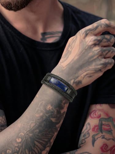 Mens Black Leather Obsidian/Turquoise/Tiger Eye/Red Agate Bracelet–Braided Multi‑Layer Wristband Cuff Bangle Bracelet with Stainless Steel Clasp Gift Jewelry Box Included - color: Lapis Lazuli, size: 8.3in(Fits most wrists)