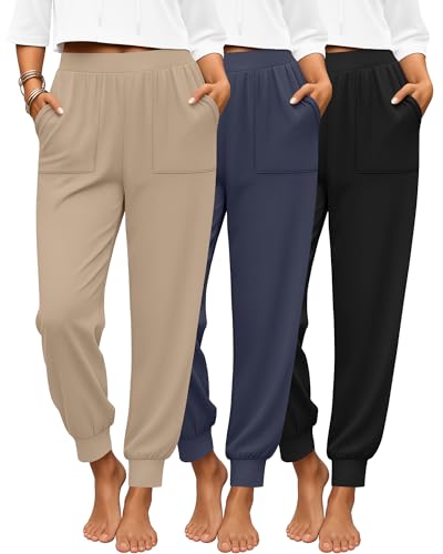 3 Pack Women's Lounge Pants Yoga High Waist Sweatpants Workout Lightweight Casual Joggers Comfy Pajama with Pockets - color: Black, Charcoal Gray, Khaki, size: X-Large