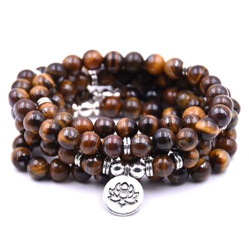 108 Mala Beads Bracelet Necklace - Gemstone Prayer Beads with Lotus Charm for Meditation & Yoga