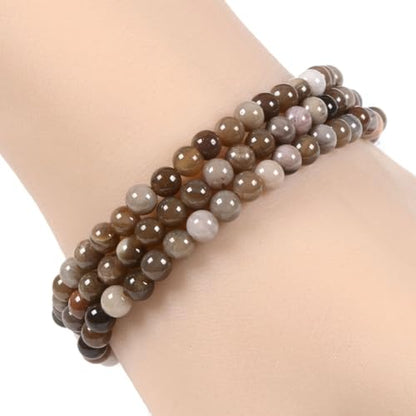 Justinstones Gem Semi Precious Gemstone 3pcs 4mm Round Beads Stretch Bracelet 6.5 Inch Unisex - color: Petrified Wood Fossil