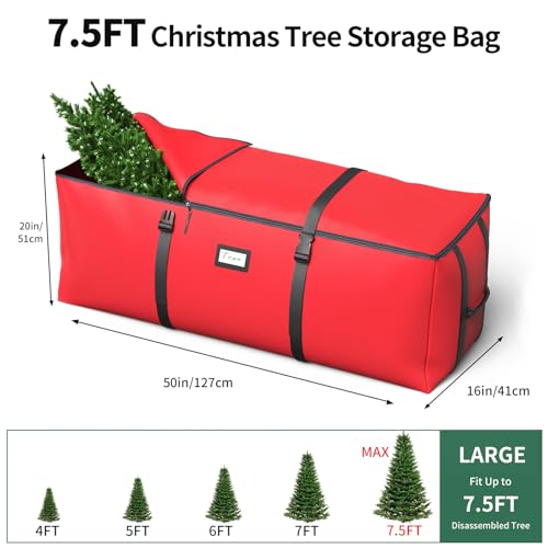 7.5Ft Christmas Tree Storage Bag, Fit up to Artificial Xmas Trees, with Double Zipper & Buckle Straps, Handles for Easy Carry, 600D Oxford Fabric Waterproof and Dustproof. (Red)