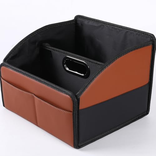 [2025 UPDATED] Leather Car Seat Organizer, Foldable Storage Box for Front Seat, Back Seats & Floor – Removable Divider, Metal Handle, Adjustable Anti-Slip Strap for Kids & Adults (Black & Brown) - color: Leather Black + Brown