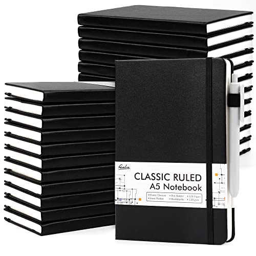 24 Pack Journal Notebook for Work, Feela Business Notebook Bulk Hardcover Lined Writing Journal with Pen Holder for Men Women Note Taking, with 24 Black Pens, 120 GSM, 5.1”x8.3”, A5, Black - color: 24 Pack black