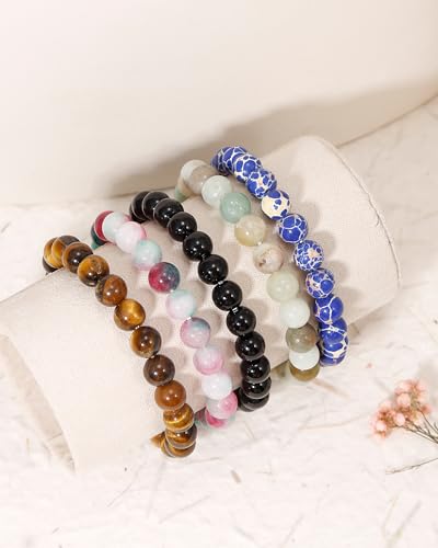 BOMAIL 5Pcs Healing Crystal Bracelets for Women 8mm Natural Stone Beaded Stretch Bracelet Set Handmade Semi-Precious Gemstone Bracelets - color: C