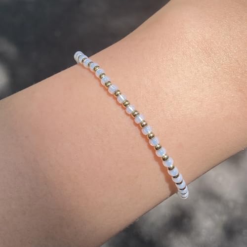 Handmade Opal White Glass & 18K Gold Plated Brass Beaded Bracelet | Minimalist Modern Jewelry for Women | Everyday Glamor Stacking Piece - size: Large